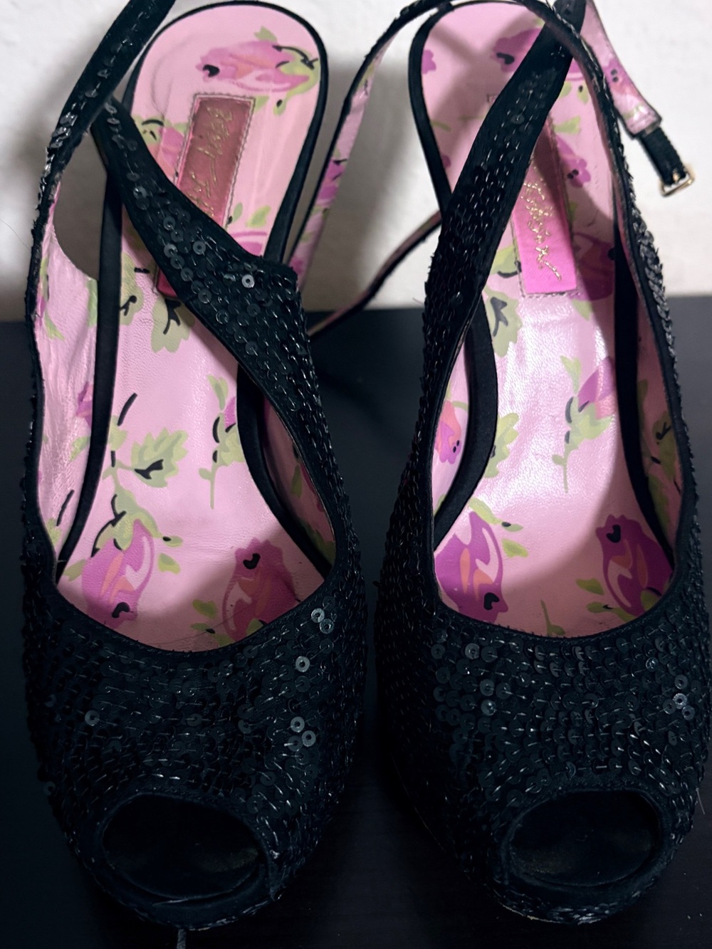 Betsey Johnson Black Sequin Slingback Heels with Pink Accents - Picture 4 of 7